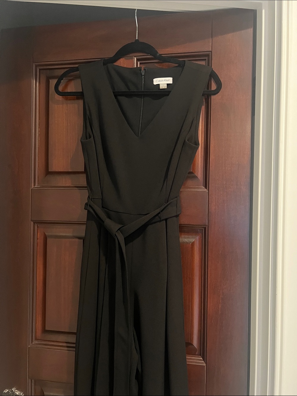 Calvin Klein Black Sleeveless V-Neck Midi pantsuit with Self-Tie Belt